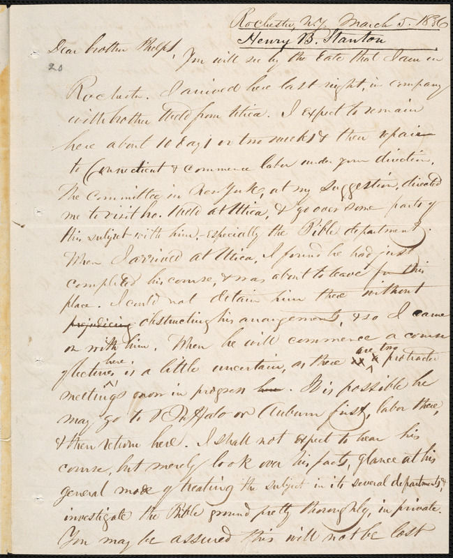 Letter From Henry Brewster Stanton, Rochester, To Amos Augustus Phelps ...