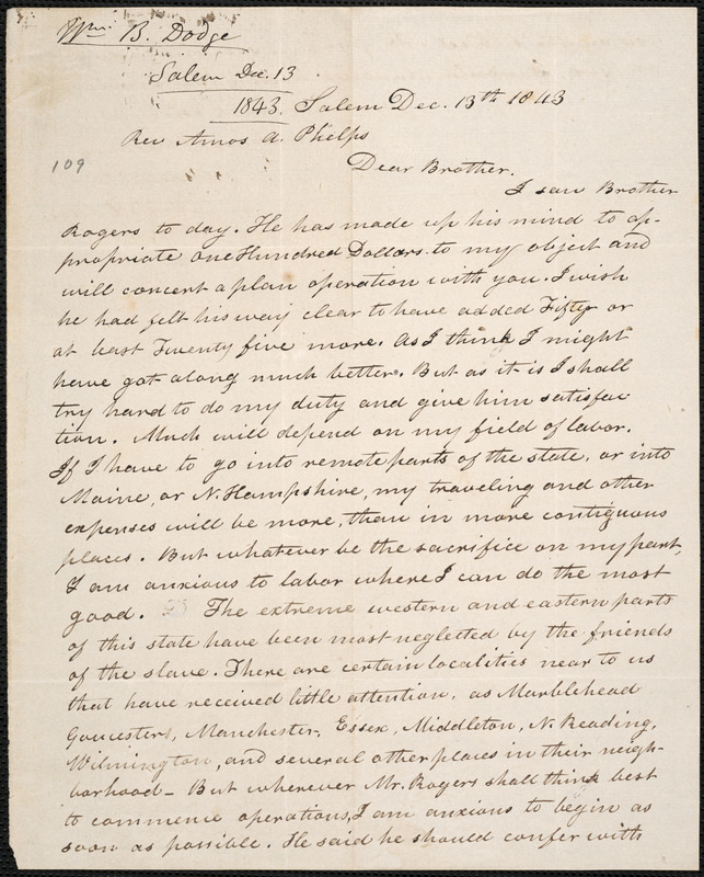 Letter From William B. Dodge, Salem, To Amos Augustus Phelps, Dec. 13th ...