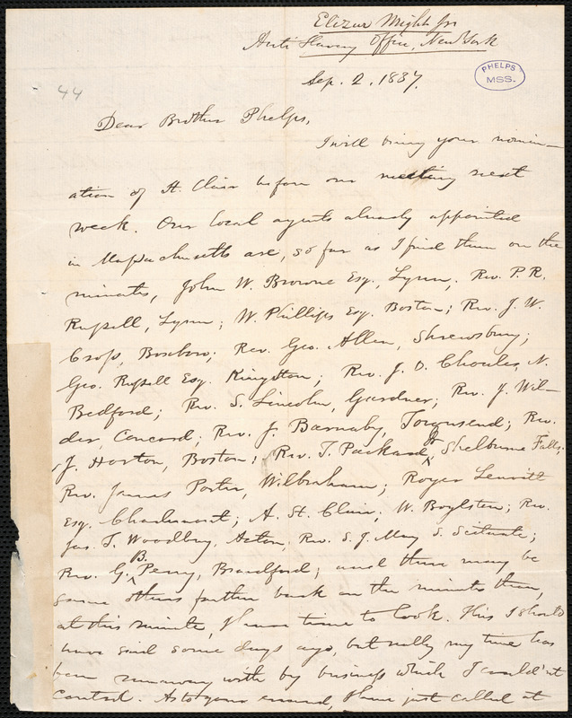 Letter From Elizur Wright, New York, To Amos Augustus Phelps, Sep. 2 ...