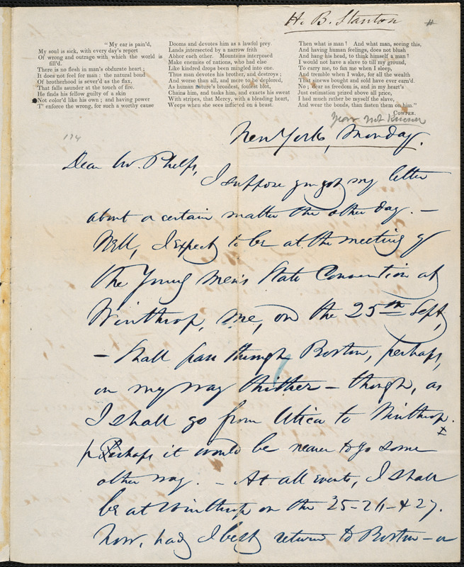 Letter From Henry Brewster Stanton, New York, To Amos Augustus Phelps ...