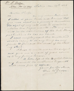 Letter from William B. Dodge, Salem, to Amos Augustus Phelps, Nov. 27th 1843