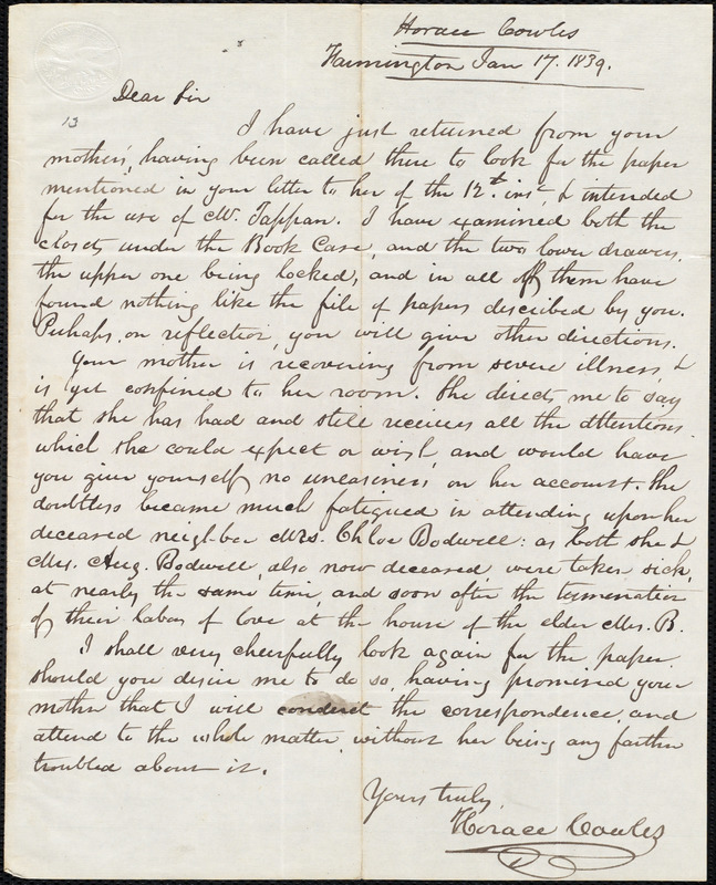 Letter from Horace Cowles, Farmington, to Amos Augustus Phelps, Jan. 17