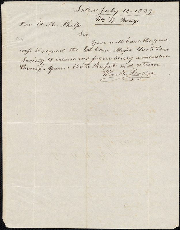 Letter from William B. Dodge, Salem, to Amos Augustus Phelps, July 10 ...