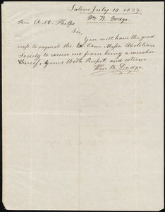 Letter from William B. Dodge, Salem, to Amos Augustus Phelps, July 10 1839