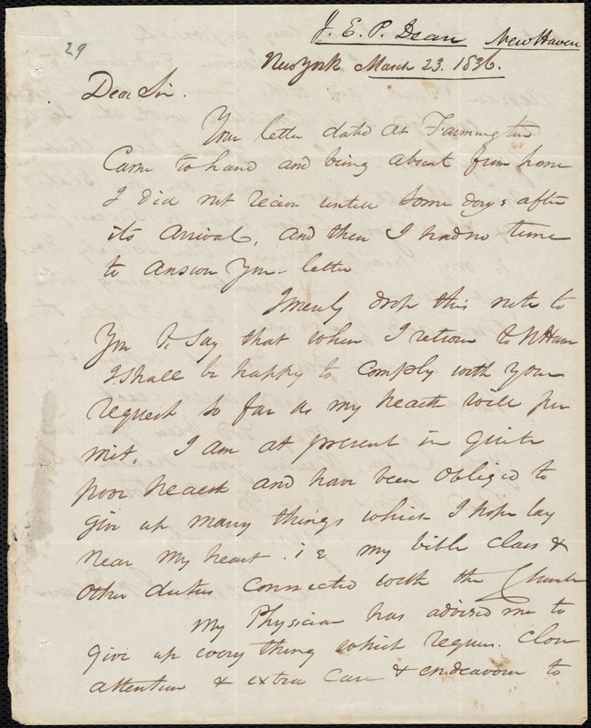 Letter from James E. P. Dean, New York, to Amos Augustus Phelps, March ...