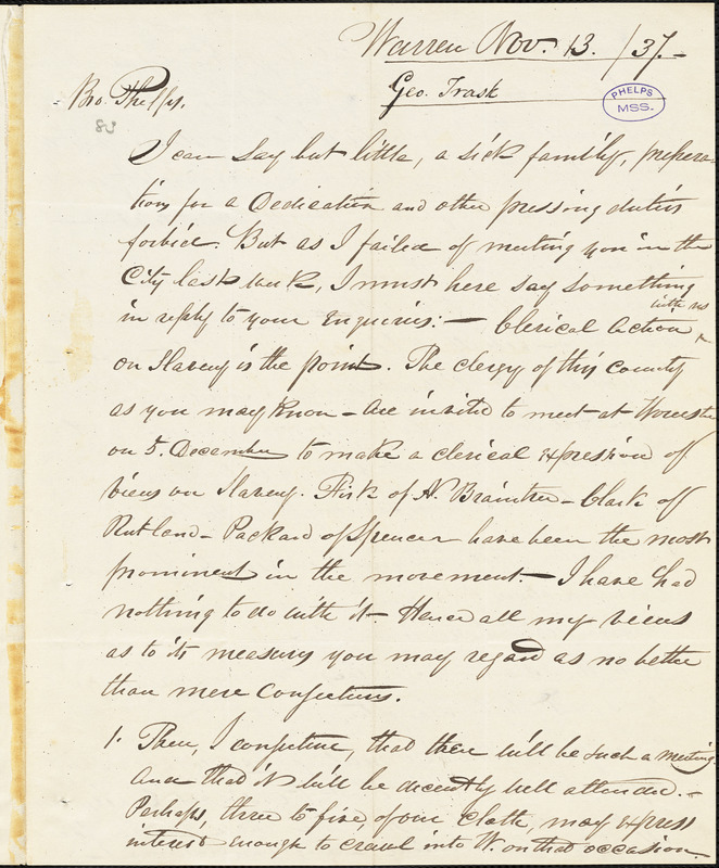 Letter from George Trask Warren Massachusetts to Amos