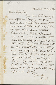Letter from Theodore Parker, Boston, [Massachusetts], to Thomas Wentworth Higginson, 1854 Dec[ember] 27