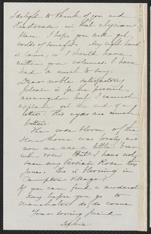 Sophia Hawthorne autograph letter signed to Annie Adams Fields, [Concord], 9 June 1865
