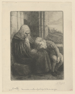 Femme assise, muraille au fond, enfant la tête dans son giron