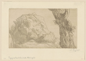 Paysage avec tronc d'arbre à droite, rochers à gauche