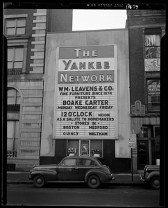 Yankee Network letter board advertising Boake Carter sponsored by W. M. Leavens & Co.