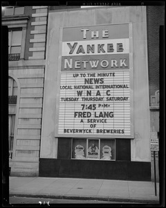 Yankee Network letter board advertising Fred Lang on WNAC sponsored by Beverwyck Breweries
