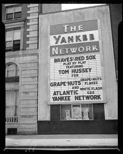 Yankee Network letter board advertising Braves and Red Sox games called by Tom Hussey on WNAC sponsored by Grape-Nuts and Atlantic White Flash Gas