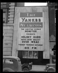 Yankee Network letter board advertising Volney Hurd on WNAC sponsored by The Christian Science Monitor
