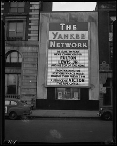 Yankee Network letter board advertising Fulton Lewis, Jr. and his Top of the News sponsored by Victor Coffee