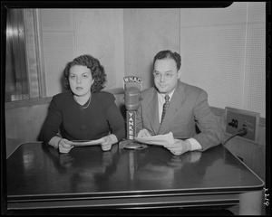 Lester Smith and unidentified woman in WNAC studio promoting The Master Race movie