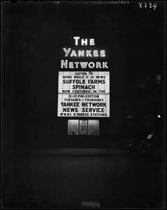 Yankee Network letter board advertising Yankee Network News Service on WNAC sponsored by Suffolk Farms spinach