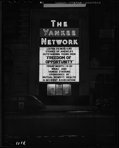 Yankee Network letter board advertising Freedom of Opportunity on WNAC sponsored by Mutual Benefit Health & Accident Association
