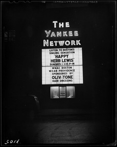 Yankee Network letter board advertising Happy Herb Lewis on WNAC sponsored by Oliv-Tone hair dressing