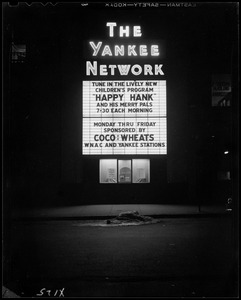 Yankee Network letter board advertising Happy Hank and His Merry Pals on WNAC sponsored by Coco-wheats