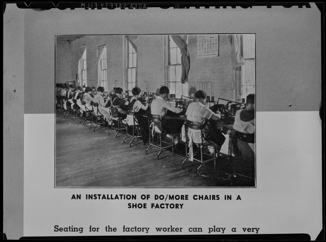 Do/More Chairs advertisement "An installation of Do/More chairs in a shoe factory"