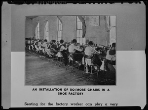 Do/More Chairs advertisement "An installation of Do/More chairs in a shoe factory"