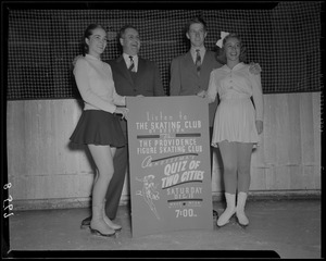 The Skating Club of Boston members with a sign promoting Quiz of Two Cities