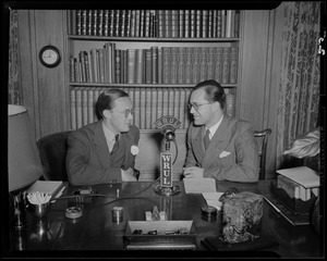 Two broadcasters introducing a program with Princess Juliana