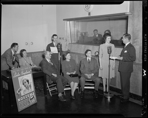 Jack Stanley and Dick Cobb at the microphone for the Noxzema quiz show