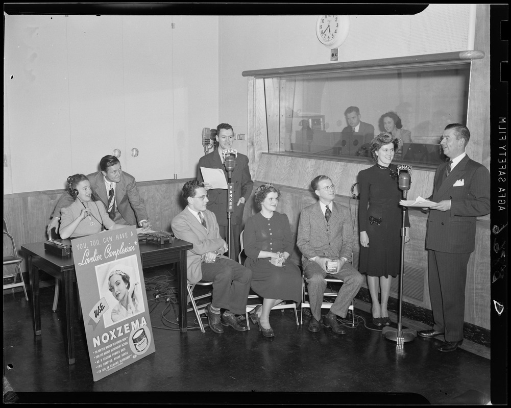 Jack Stanley and Dick Cobb at the microphone for the Noxzema quiz show