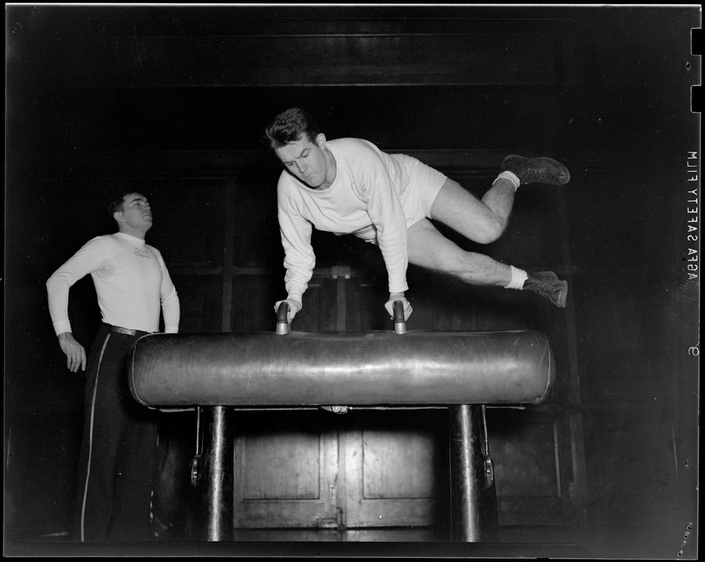 Man training on pommel horse Digital Commonwealth