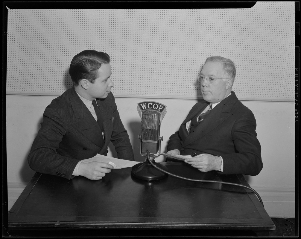 Two men at the microphone for WCOP - Digital Commonwealth