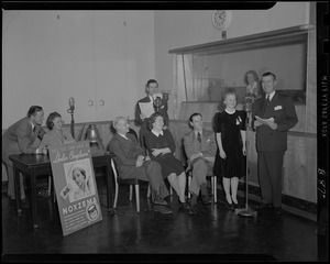 Jack Stanley and Dick Cobb at the microphones with Wilfred Academy for the Noxzema quiz show