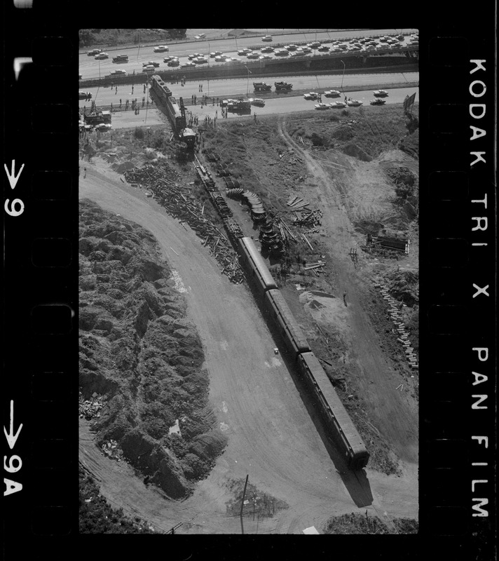 Runaway Penn Central locomotives block most of the Northbound lane of the Southeast Expressway in South Boston