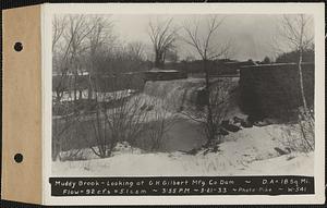 Muddy Brook, looking at G.H. Gilbert Manufacturing Co. dam, drainage area = 18 square miles, flow = 92 cubic feet per second = 5.1 cubic feet per second per square mile, Ware, Mass., 3:55 PM, Mar. 21, 1933