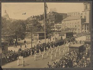 General view of the Cambridge Red Cross marching in parade, Tremont Street, Boston
