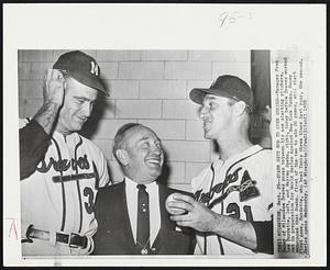 Spahn Gets Nod to Open Series--Manager Fred Haney of Milwaukee Braves poses between his ace starting pitcher, Lew Burdette, left, and Warren Spahn, right, today before Braves worked out in preparation for World Series against New York Yanks. Haney announced that Spahn, first of the two to win 20 games, will start first game, Burdette, who beat Yanks three times last year, the second. Series opens Wednesday.