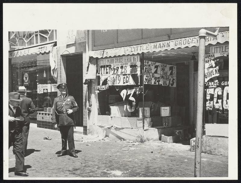 A surging mass of men wrecked a grocery store at 23rd and Mission streets, San Francisco, as the general strike went into effect. The store was raided twice and $2000 worth of groceries were stolen.