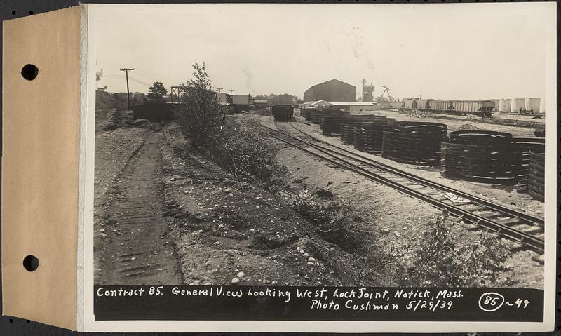 Contract No. 85, Manufacture and Delivery of Precast Concrete Steel Cylinder Pipe, Southborough, Framingham, Wayland, Natick, Weston, general view looking west, Natick, Mass., May 29, 1939