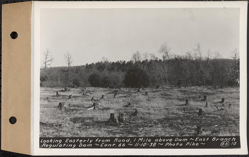 Contract No. 66, Regulating Dams, Middle Branch (New Salem), and East Branch of the Swift River, Hardwick and Petersham (formerly Dana), looking easterly from road, 1 mile above dam, east branch regulating dam, Petersham, Mass., Nov. 10, 1938