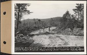 Contract No. 66, Regulating Dams, Middle Branch (New Salem), and East Branch of the Swift River, Hardwick and Petersham (formerly Dana), looking northwesterly at Access Road from near Sta. 11+70, east branch regulating dam, Hardwick, Mass., Jun. 5, 1939