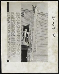 Ladder Letter--PVT. Ray Sroka, Milwaukee, climbed a ladder to a barrack roof at Camp Carson, Colo., to read this letter from a girl friend, Dolores Heorst, also of Milwaukee. He complained that her letters weren't long enough, so she took a weekend to write him 25,000 words on a strip of paper 36 feet long. She attached candy bars to keep him from getting hungry while reading, feathers to ward off drowsiness and 1920 type pinup pictures so he wouldn't be distracted by feminine influences. The result was a half pound of mail which took Sroka, a member of company H, 196th infantry, two and a half hours to read.