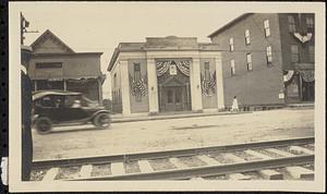 Railroad Square buildings decorated with patriotic bunting