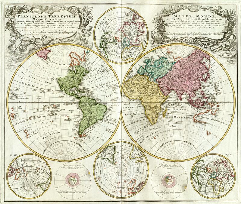 Planiglobii Terrestris Mappa Universalis, utrumque Hemisphærium Orient et Occidentale repræsentans ex IV mappis generalibus Hasianis composita et adjectis ceteris hemisphæriis