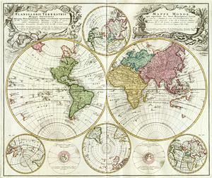 Planiglobii Terrestris Mappa Universalis, utrumque Hemisphærium Orient et Occidentale repræsentans ex IV mappis generalibus Hasianis composita et adjectis ceteris hemisphæriis