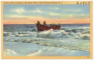 Fishing boat creating a breaking wave, Point Pleasant Beach, N. J.