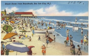 Beach scene from boardwalk, Sea Isle City, N. J.