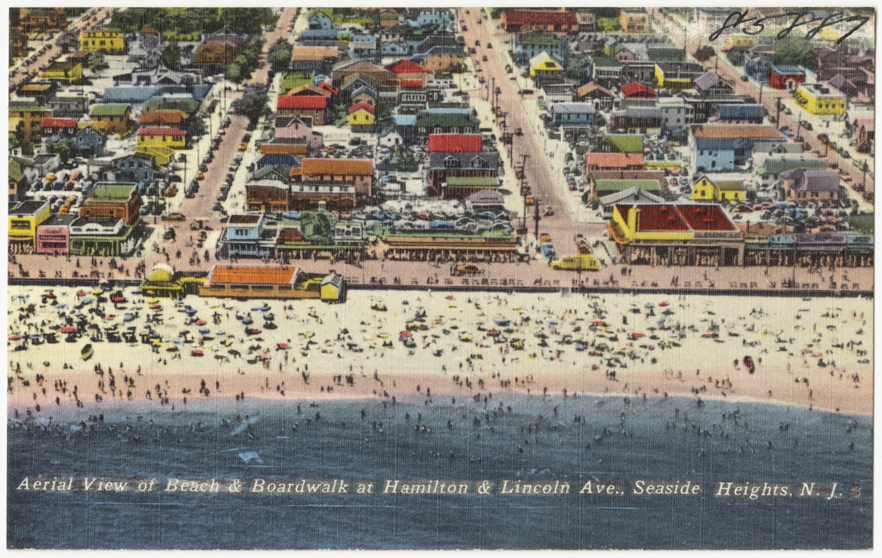 Aerial view of beach and boardwalk at Hamilton & Lincoln Ave., Seaside Heights, N. J.