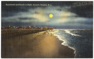 Boardwalk and beach at night, Seaside Heights, N. J.