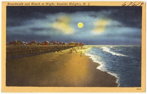 Boardwalk and beach at night, Seaside Heights, N. J.